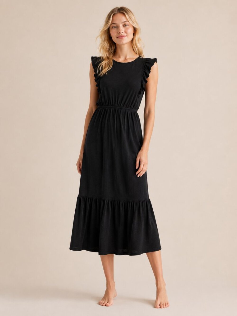J. Crew Flutter Sleeve Midi Jersey Dress Black Small #A3094